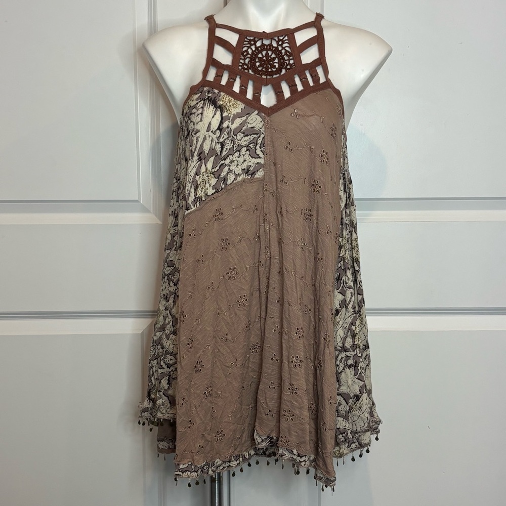 Free People Tan Floral Mix Print Strappy Beaded Hem Tunic Tank Mini Dress XS